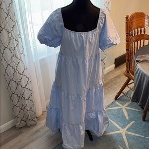 Light Blue Puff Sleeve Tiered Midi Dress summer, beach, casual, feminine, blue